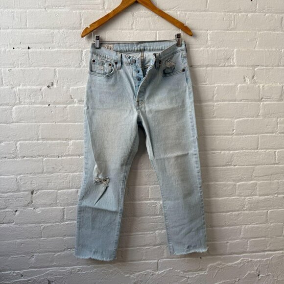 Levi’s 501 Light Wash Straight Leg Jeans High Rise Cropped Raw Hem - Picture 8 of 8